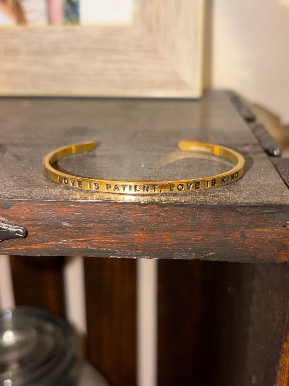 Mantra Brand Gold Inspirational Cuff Bracelet "Love Is Patient, Love Is Kind"